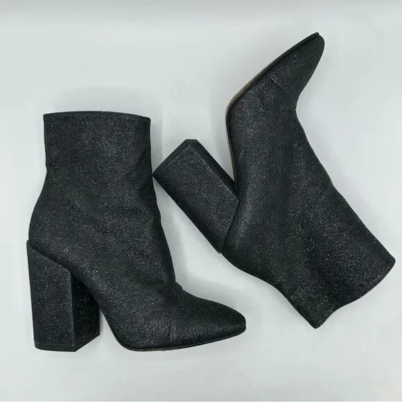 Dries Van Noten Black Glitter Block Heel Side-zip‎ Designer Bootie Boots Sz 9.5